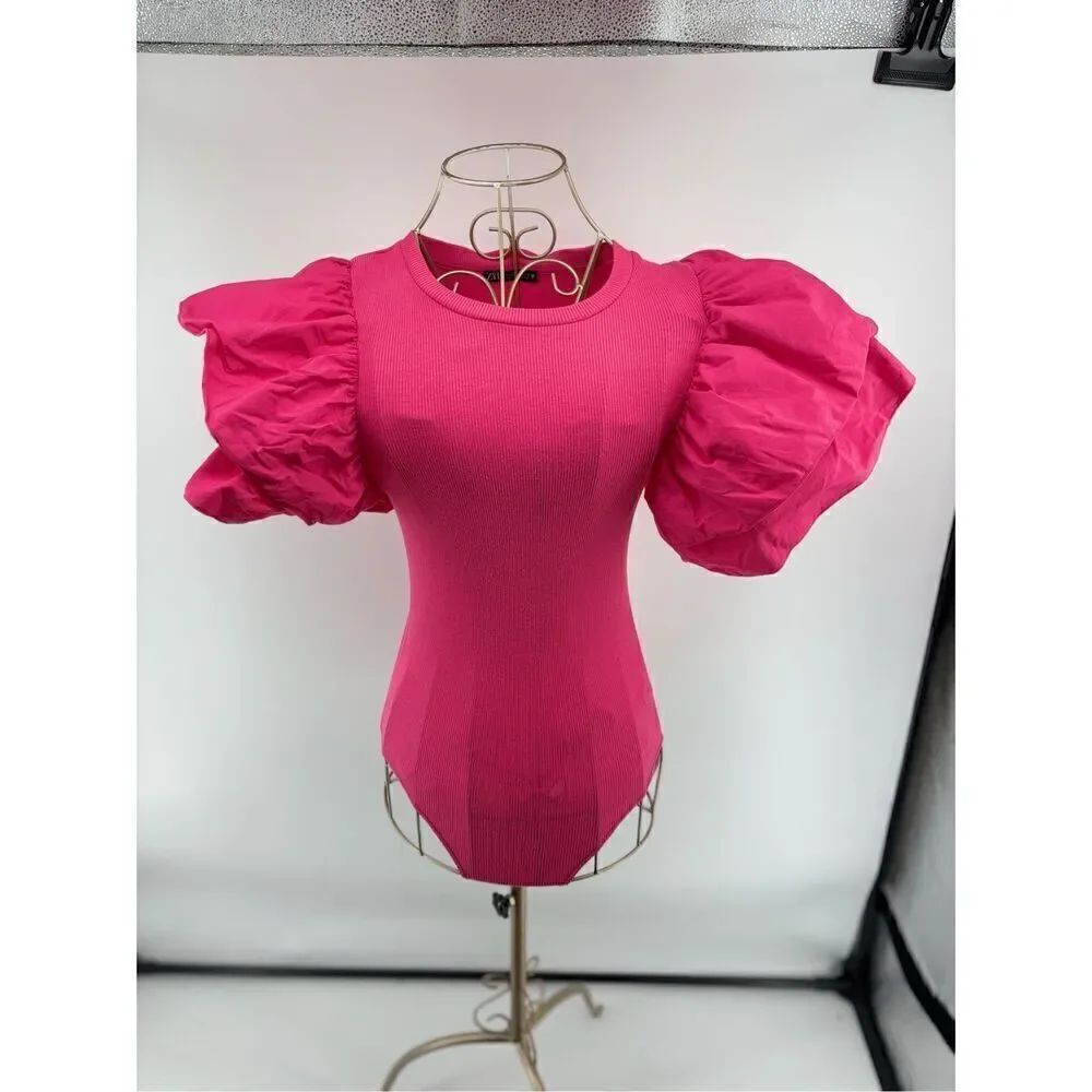 Zara Pink Ruffle Sleeve Ribbed Bodysuit Women’s Size Small 95% Cotton